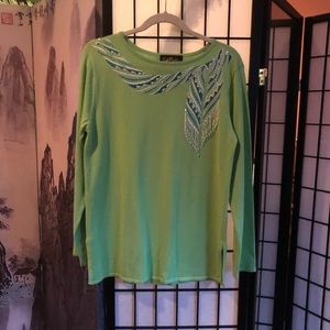 Bob Mackie Green scarf embroidered sweater.